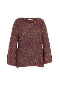Virkat tröja med rund halsringning, långa ärmar och flerfärgad textil med nyanser av lila, orange och brunt.
