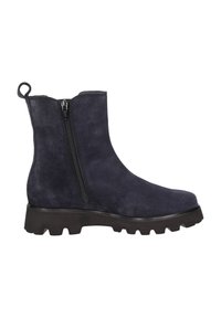Stivale alla caviglia in suede blu navy con cerniera laterale e suola nera spessa in gomma, caratterizzato da una finitura testurizzata e una maniglia sul tallone.