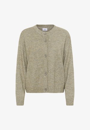 Cardigan beige a maglia con maniche lunghe, scollo rotondo, polsini e orlo a coste, dotato di cinque bottoni frontali e dettagli in filo argento discreti.