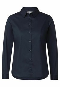 Donkerblauwe overhemd met lange mouwen, een kraag met knopen, een voorflap en manchetten. Gladde textuur en gelijkmatig geplaatste knopen.