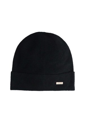 Berretto di maglia nero con risvolto. Realizzato in materiale morbido, presenta un piccolo etichetta rettangolare del marchio sul davanti. Texture liscia.