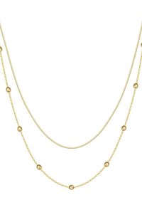 Collar de oro de doble capa con cuentas esféricas lisas, que presenta una cadena delgada y plana y una delicada cadena redonda. Acabado metálico.