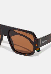Schildpadpatroon zonnebril met rechthoekige bruine lenzen en zwarte accenten. Bevat Polaroid branding op het frame en kleurrijke zijdetails.