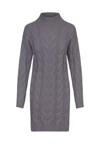Vestito di maglia grigia con collo alto, caratterizzato da un motivo a trecce, maniche lunghe e polsini a coste all'orlo e al collo.