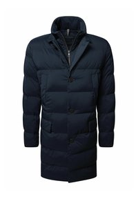 Manteau d'hiver matelassé bleu marine avec fermeture à boutons, couche intérieure zippée, col haut et poches à rabat à l'avant.