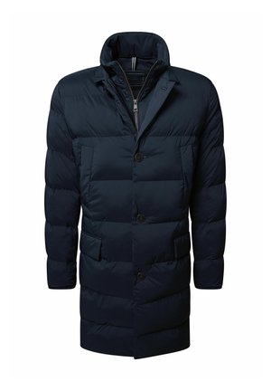 Dunkelblauer, gepolsterter Wintermantel mit Knopfverschluss, Reißverschluss-Innenlage, hohem Kragen und Klappentaschen auf der Vorderseite.