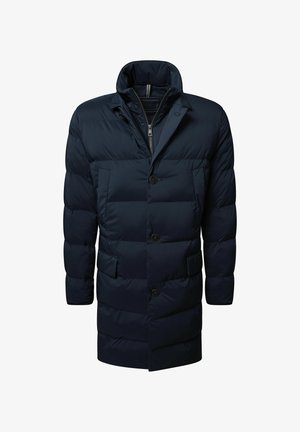 Dunkelblauer, gepolsterter Wintermantel mit Knopfverschluss, Reißverschluss-Innenlage, hohem Kragen und Klappentaschen auf der Vorderseite.