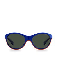 Occhiali da sole blu e arancioni con lenti ovali, finitura lucida e lenti scure. Le astine sono eleganti e di colore nero opaco.