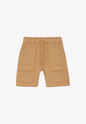 Beige cargoshorts van katoen, met een elastische tailleband, trekkoord en twee grote zijzakken met klep.