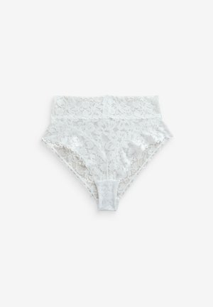 White lace hipster panties with a floral pattern, featuring a soft elastic waistband and scalloped edges around the legs.