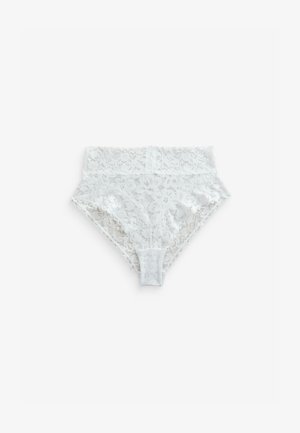 White lace hipster panties with a floral pattern, featuring a soft elastic waistband and scalloped edges around the legs.