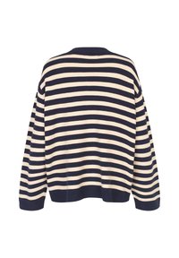 Marineblau- und cremegestreifter Pullover mit einem lockeren Schnitt, geripptem Halsausschnitt und langen Ärmeln. Weicher, gestrickter Stoff mit geradem Saum.