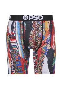 Colorful boxer briefs featuring a vibrant, abstract pattern of various colors and textures with a black elastic waistband labeled "PSD."