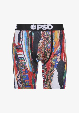 Bunte Boxershorts mit einem lebendigen, abstrakten Muster aus verschiedenen Farben und Texturen sowie einem schwarzen elastischen Bund, der mit "PSD" beschriftet ist.