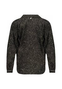 Zwarte langemouwen shirt met wit draaiend patroon, kraagontwerp, knoopsluiting op de rug en gerimpelde manchetten. Zachte stofstructuur.