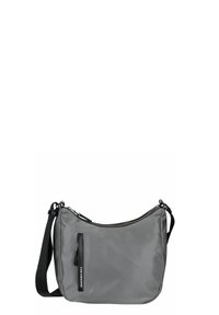 Borsa a spalla in nylon grigio con forma curva, tracolla nera regolabile, chiusura con zip e tasca frontale con un'accattivante zip.