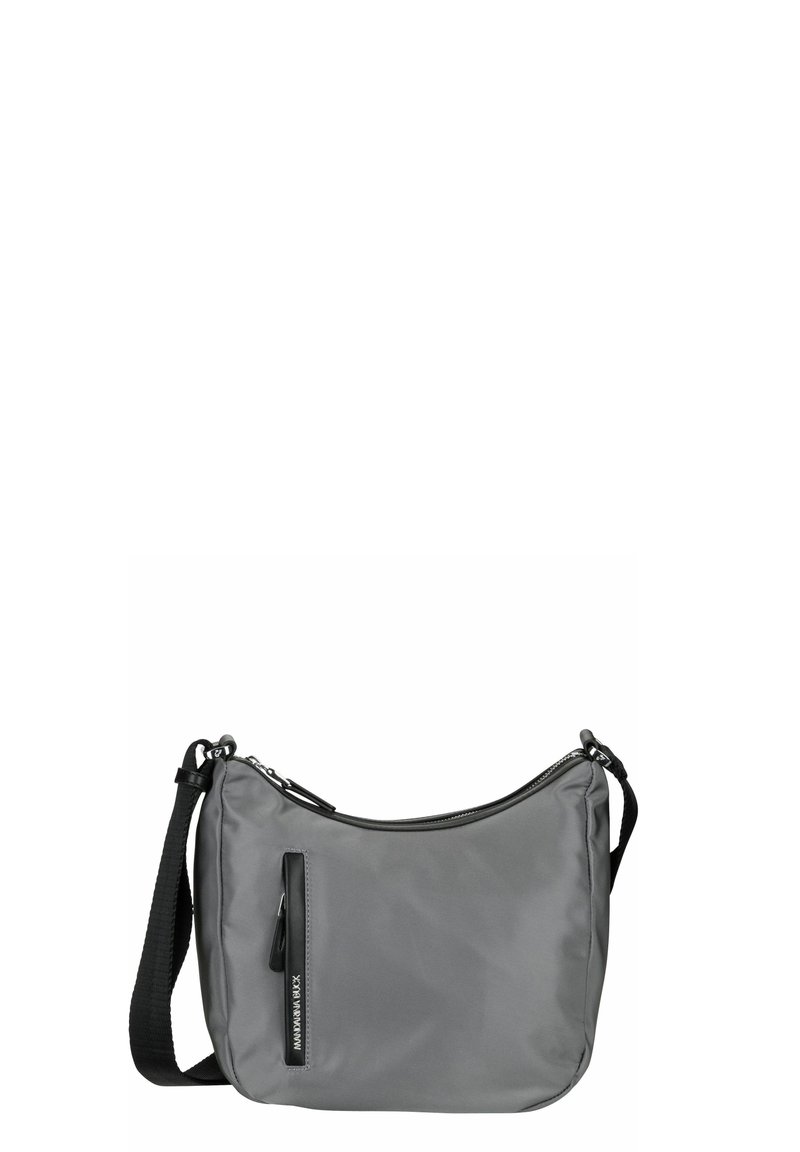 Borsa a spalla in nylon grigio con forma curva, tracolla nera regolabile, chiusura con zip e tasca frontale con un'accattivante zip.