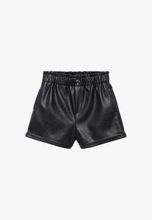 Shorts noirs en simili cuir avec taille élastique, deux boutons, poches latérales et ourlets retroussés.