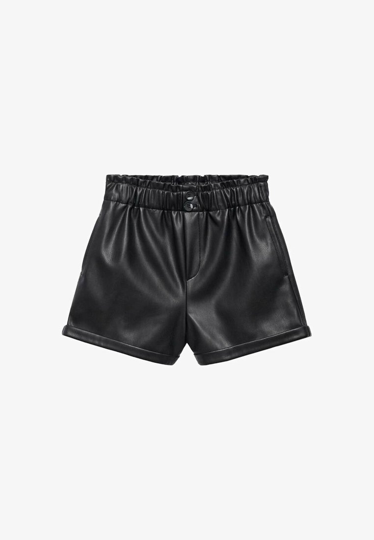 Shorts noirs en simili cuir avec taille élastique, deux boutons, poches latérales et ourlets retroussés.