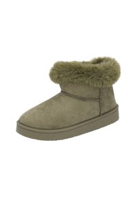 Botas de tobillo verde oliva hechas de ante con un puño de pelo sintético, punta redonda y suela de goma plana, que presentan un detalle de costura decorativa.