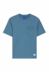 T-shirt a maniche corte in teal realizzato in morbido cotone; presenta un collo rotondo e una tasca sul petto, con una piccola etichetta del logo sull'orlo.