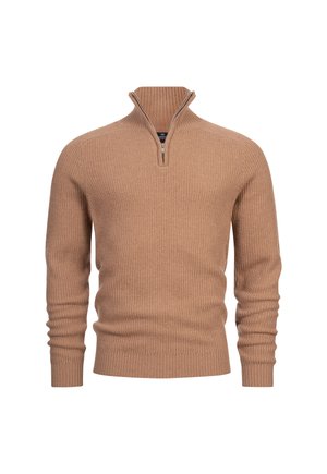 Tan ribbet strikket genser med kvart glidelås og tettsittende ermer. Har en stram midje og teksturert stoff.