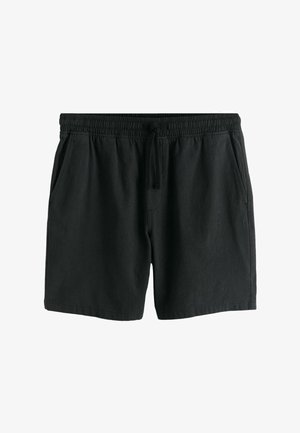 Schwarze Freizeitsshorts mit elastischem Bund und Kordelzug, mit Seitentaschen und mittlerer Oberschenkellänge.