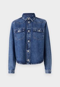 Jachetă din denim de culoare albastru închis, cu guler ascuțit, două buzunare pe piept, închidere cu nasturi argintii și mâneci lungi cu manșete butonate.