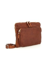 Borsa a tracolla in pelle marrone con due scomparti con zip, tracolla regolabile, texture liscia e design minimalista.