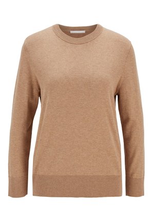 Pull beige à manches longues et col rond, avec poignets et ourlet côtelés, fabriqué en tissu maille douce.