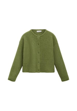 Green knitted button-up cardigan with long sleeves and a round neckline, displayed flat on a white background.