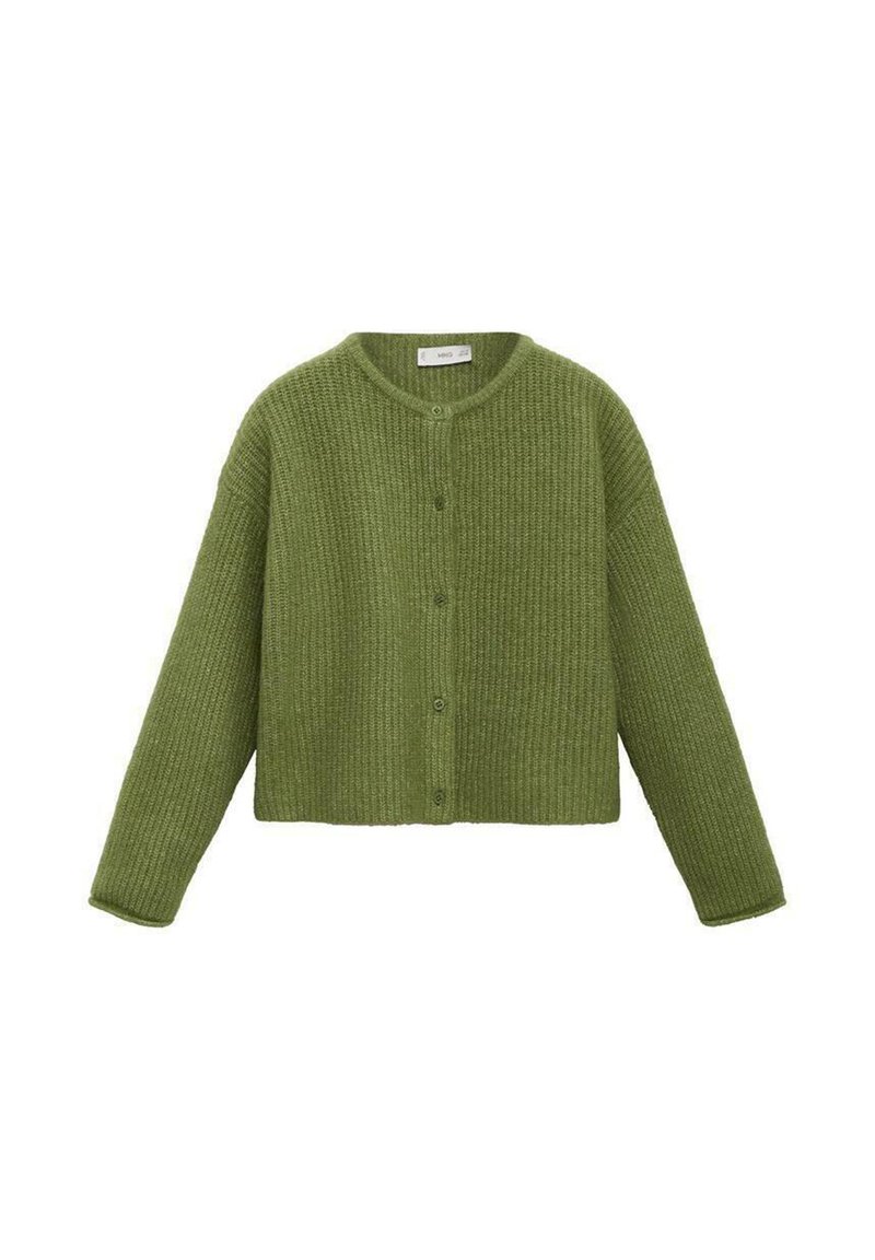 Zeleni pletena jakna s gumbi, dolgimi rokavi in okroglim ovratnikom, razstavljena na beli podlagi.