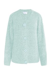 Cardigan verde mentă, realizat dintr-un material tricotat texturat, având decolteu în V și cinci butoane mari albastre în față. Mâneci lungi și largi.