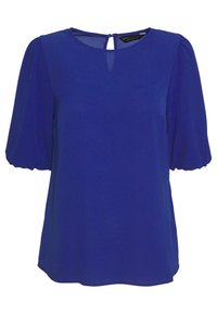 Kungablå blus i lättviktsmaterial. Har korta puffärmar och en nyckelhålsdetalj i ryggen. Slät textur med rund halsringning.