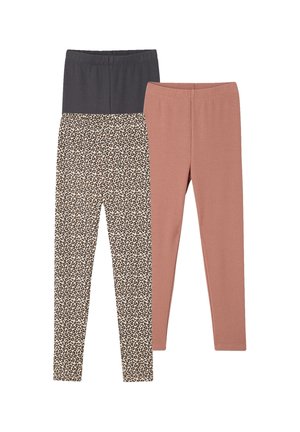 Two pairs of children's leggings, one solid dusty pink and one with a black and brown leopard print with black waistbands.