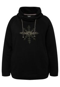 Felpa nera con colletto a cappuccio, caratterizzata da un design di fiocchi di neve con dettagli metallici. Presenta lacci e un tessuto morbido e testurizzato.