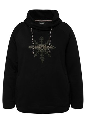 Czarna bluza z kapturem, z kominem, zdobiona wzorem płatków śniegu w metalicznych akcentach. Stylizowana z troczkami i miękkim, teksturowanym materiałem.