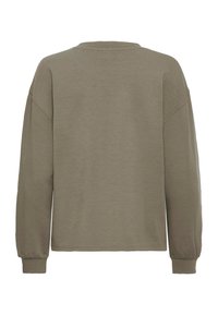 Ilgai rankoviai alyvuogių žalia džemperis su apvalia iškirpte, laisvas kirpimas ir elastingi rankogaliai, rodomas iš nugaros ant baltos fono.