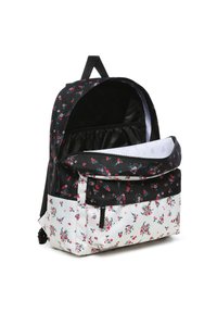 Zaino con motivo floreale nero, dotato di una tasca con zip e base bianca, caratterizzato da fiori rosa e turchesi, spallacci regolabili e un interno foderato.