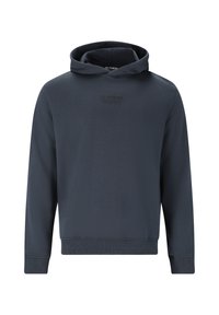 Mörkblå hoodie gjord av mjukt tyg. Har ribbade ärmslut och nederkant, med en diskret logotyp framtill. Minimalistisk design.