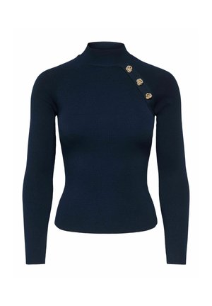 Mørkeblå langærmet tætsiddende sweater med høj krave og tre gyldne dekorative knapper på øverste venstre skulder.