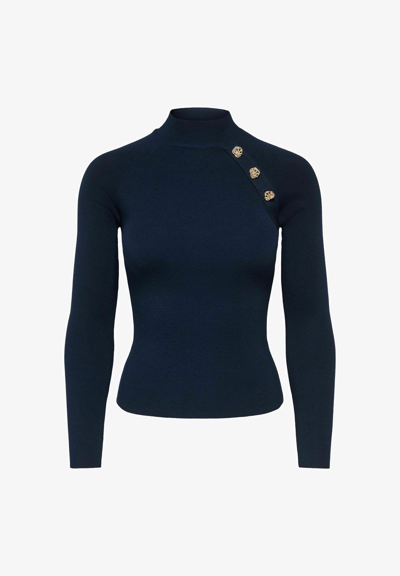 Pull ajusté bleu marine à manches longues avec col cheminée et trois boutons décoratifs dorés sur l'épaule gauche supérieure.
