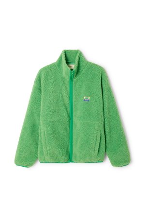 Grüne Fleecejacke mit Reißverschluss, hohem Kragen und Fronttaschen, mit einem kleinen rechteckigen Logo-Patch auf der linken Brust.