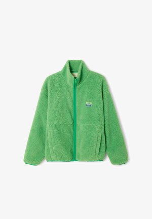 Zaļš flīsa jaciņa ar rāvējslēdzēju, augstu apkakli un priekšējām kabatām, kreisajā krūtīs ar nelielu taisnstūra formas logotipa uzlīmi.