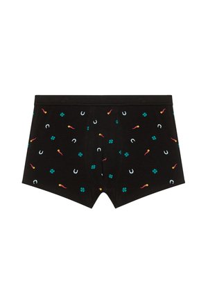 Boxer shorts de algodón negro con patrones coloridos de pimientos, flores y herraduras. Presenta una cintura ajustada y una textura suave.