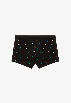 Boxer corta nera in cotone con motivi colorati di peperoni, fiori e ferri di cavallo. Presenta una vita aderente e una superficie liscia.