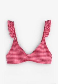Czerwono-biały ginghamowy biustonosz bikini z falbankami na ramiączkach, w kształcie trójkąta i gładkiej fakturze. Brak widocznych elementów metalowych lub dodatkowych detali.