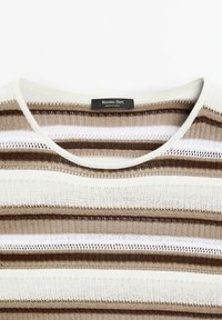 Knit sweater with horizontal stripes in shades of brown, cream, and white. Features a round neckline and textured pattern. Brand label visible.