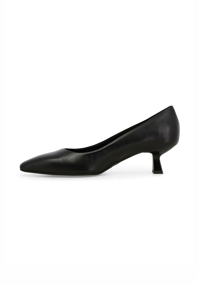 Pantofole nere in pelle con punta affusolata, design elegante e tacco rettangolare basso. Texture liscia con accenti minimi.