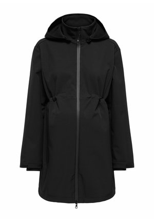 Schwarze Umstandjacke aus weichem, elastischem Stoff. Mit Kapuze, Reißverschluss vorne, verstellbarem Bund und Seitentaschen. Glatte Textur.